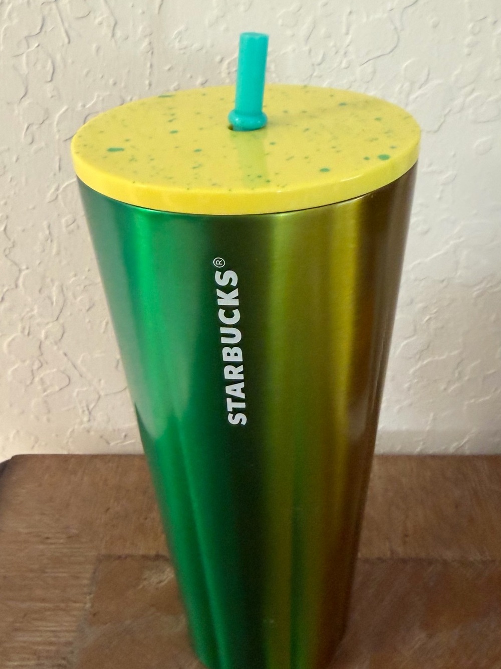 Starbucks Green Iridescent Tumbler with Yellow Speckled Lid and Teal Straw